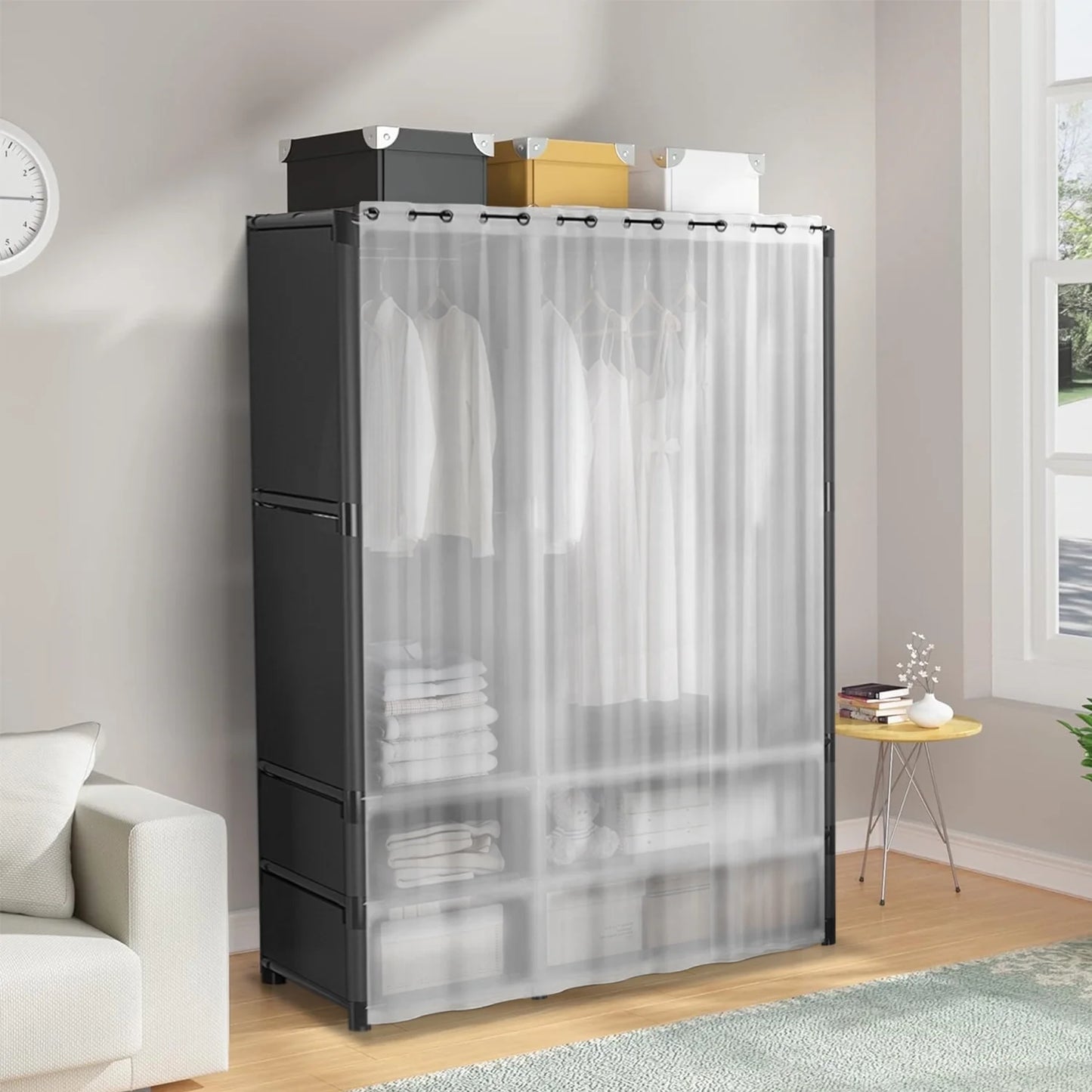Portable Closet,Large Portable Wardrobe with 2 Hanging & 4 Storage Shelves, Sturdy Clothes Storage Cabinet with Curtain for Living Room, Clothes Room