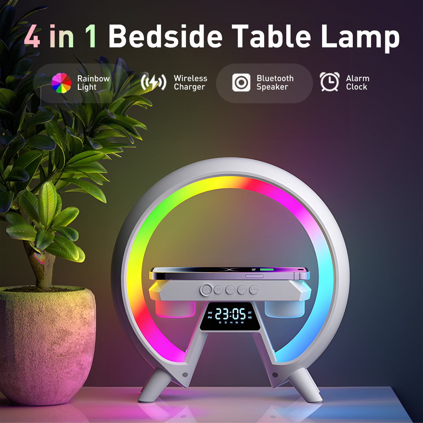 Table Lamp,Brochao 4 in 1 Desk Lamp with Wireless Charger,LED Lamps for Night Stand,bluetooth Speaker with Night Light for Bedroom Living Room Office