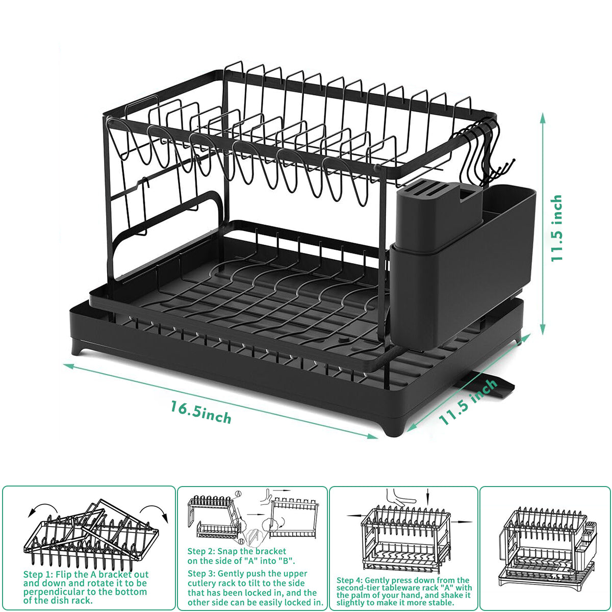 2-Tier Dish Rack, BRC Rustproof Dish Drainer with Drain Board and Utensil Holder for Kitchen