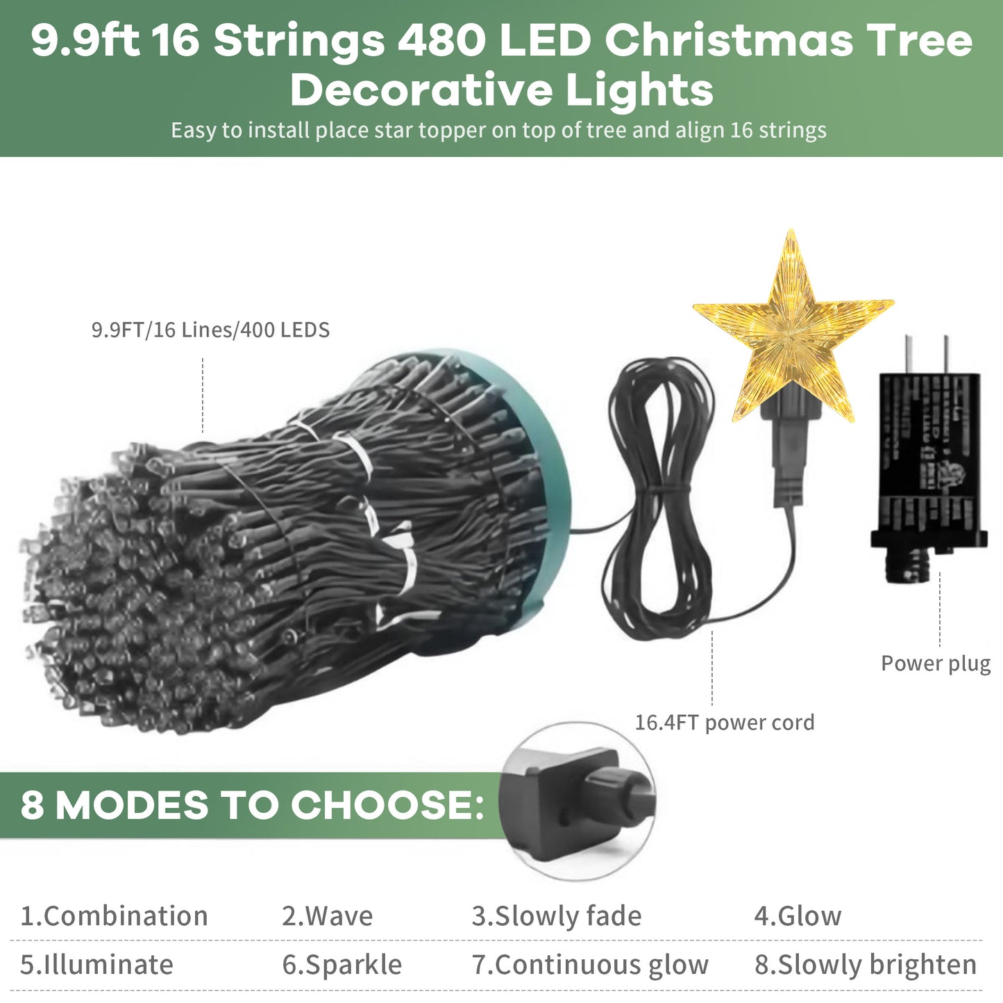 Christmas Tree, Brochao 7.9ft Pre-Lit Artificial Christmas Tree with 480 LED Lights 8 Modes and 1450 Branch Tips for Home Party Holiday Decoration