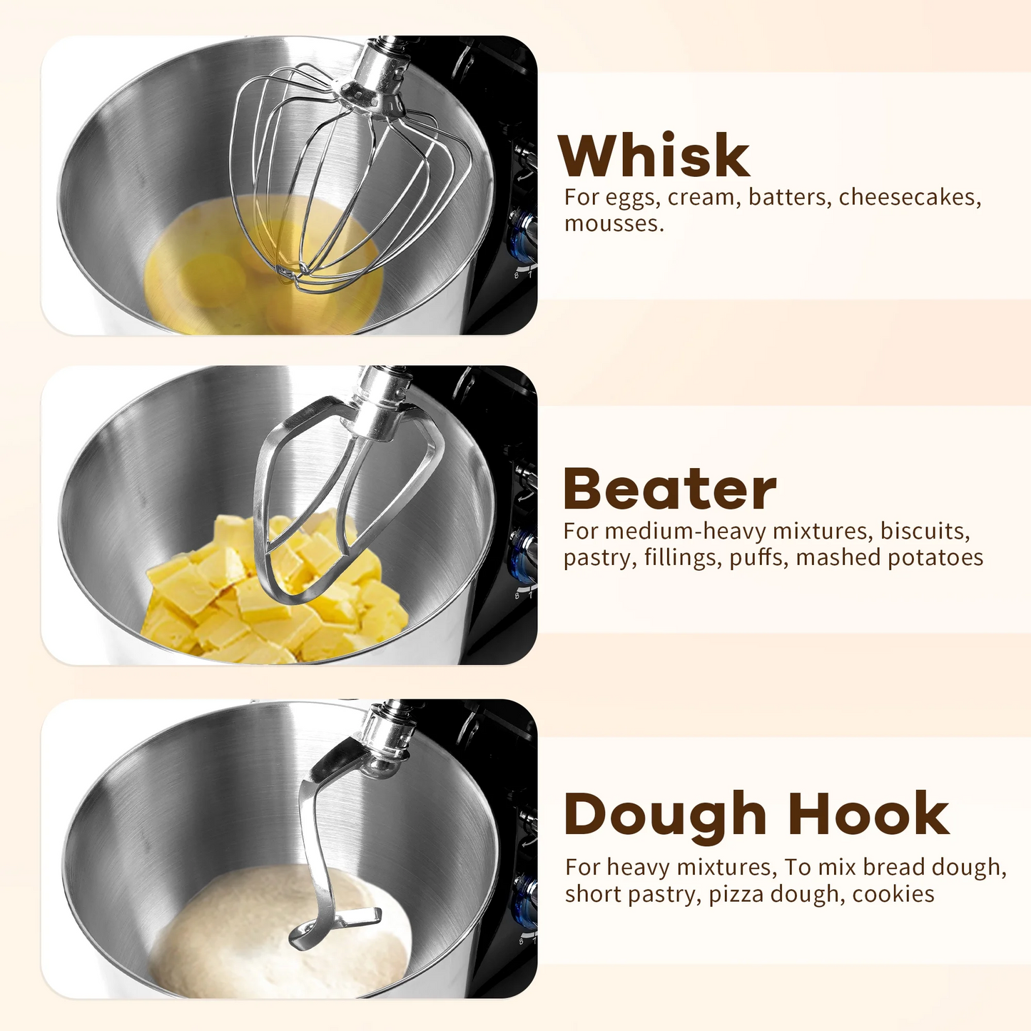 Brochao Stand Mixer, 5Qt 7-Speed with Dough Hook, Wire Whisk and Egg White Separator, Black