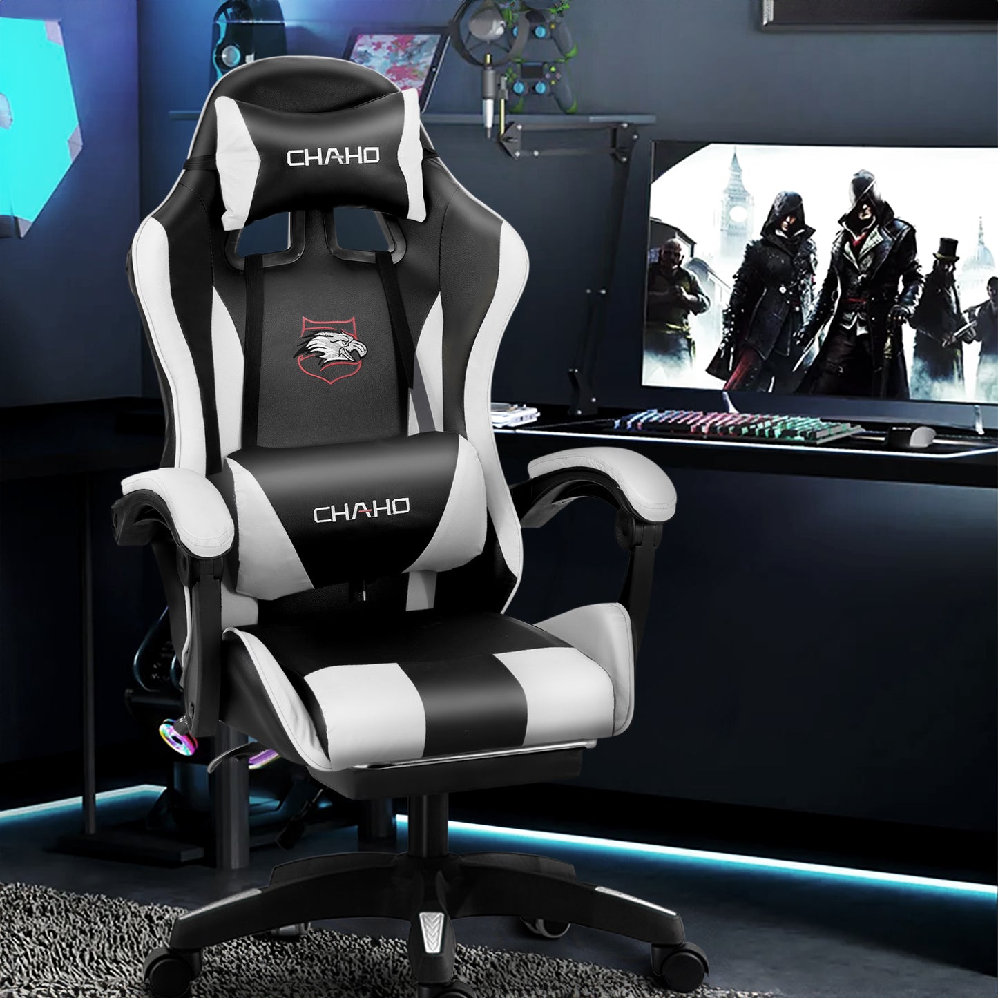 Gaming Chair, CHAHO Ergonomic Office Chair Computer Racing Chair with Footrest Lumbar Support Headrest and Bluetooth Speakers for adults, Red/White