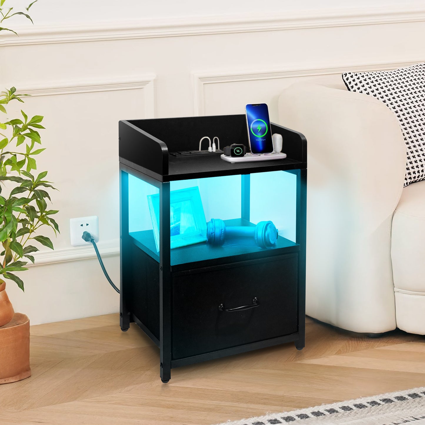 Brochao Nightstand with Charging Station, LED Light Night Stand with Fabric Drawers, Bedside Tables for Bedroom, Black