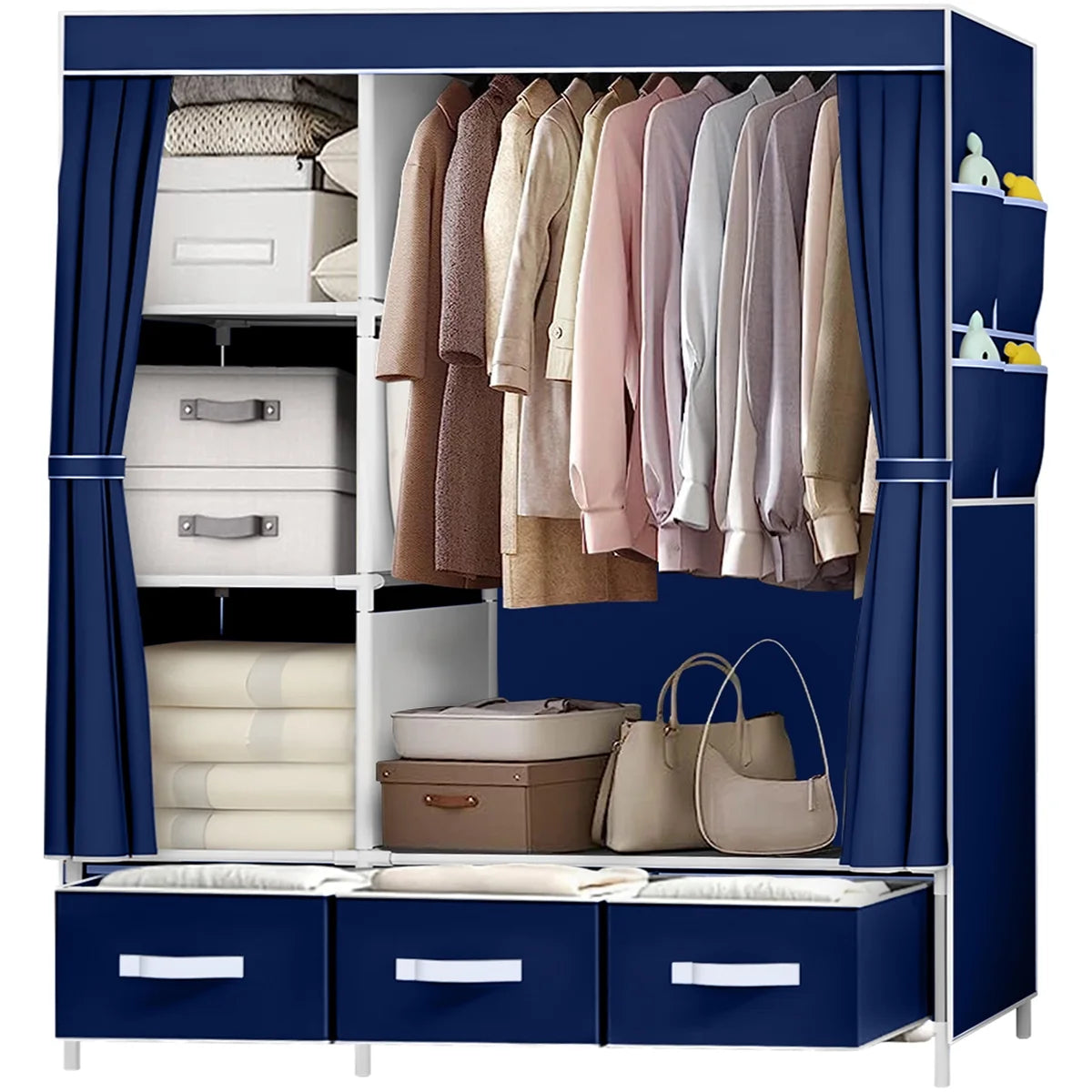 Portable Closet,Brochao Portable Wardrobe with 3 Drawer and 4 Storage Shelves and Side Pocket for Clothes Storage Organizer