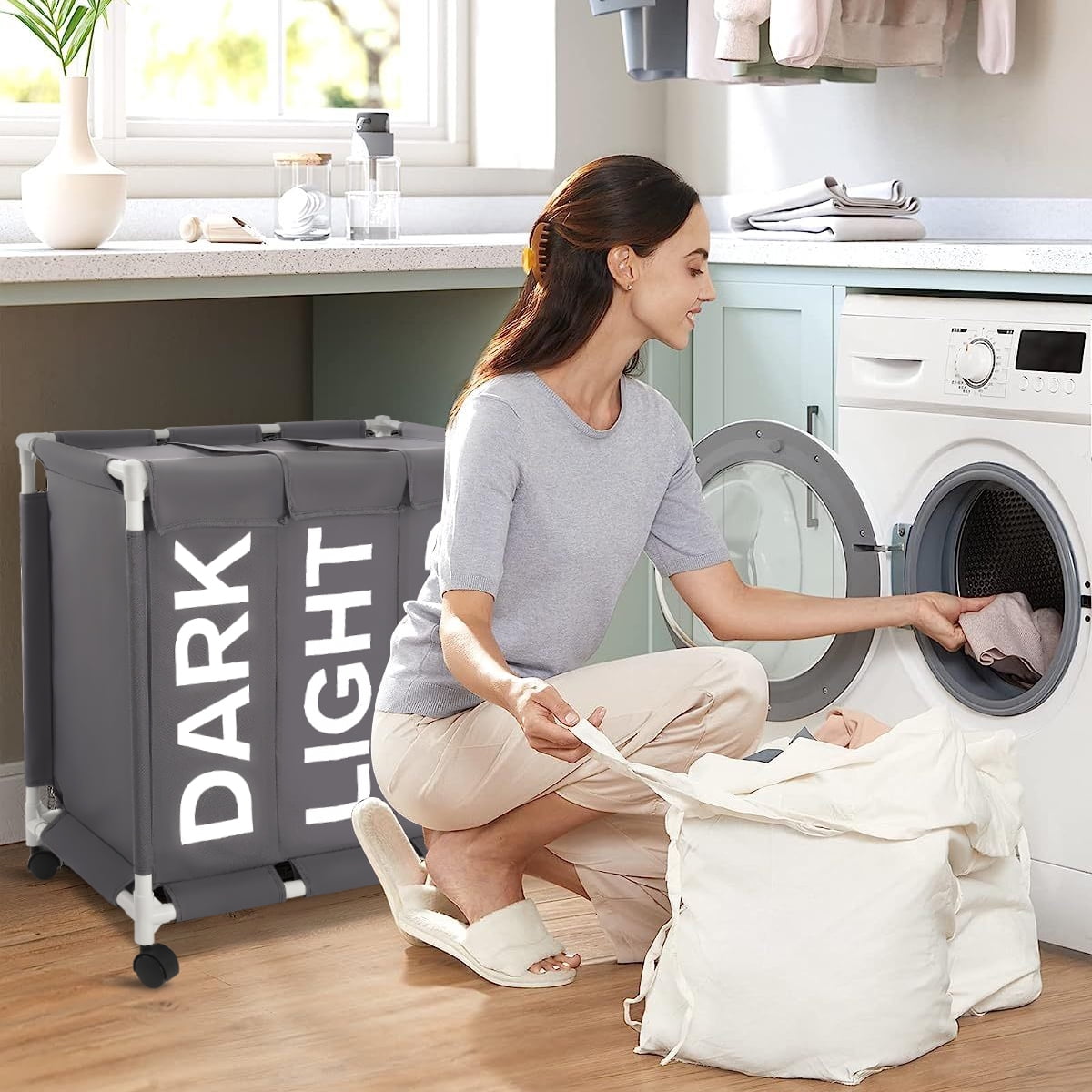 Laundry Hamper,Laundry Basket with Wheels and Lids,Brochao 150L 3 Section Laundry Sorter Cart,Laundry Bag for Clothes Toys Storage,Gray