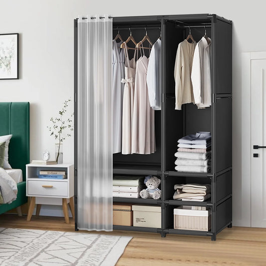 Portable Closet,Large Portable Wardrobe with 2 Hanging  & 4 Storage Shelves, Sturdy Clothes Storage Cabinet with Curtain for Living Room, Clothes Room