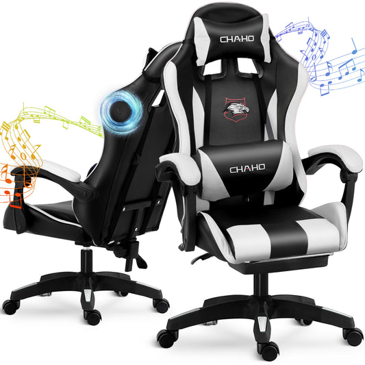 Gaming Chair, CHAHO Ergonomic Office Chair Computer Racing Chair with Footrest Lumbar Support Headrest and Bluetooth Speakers for adults, Red/White