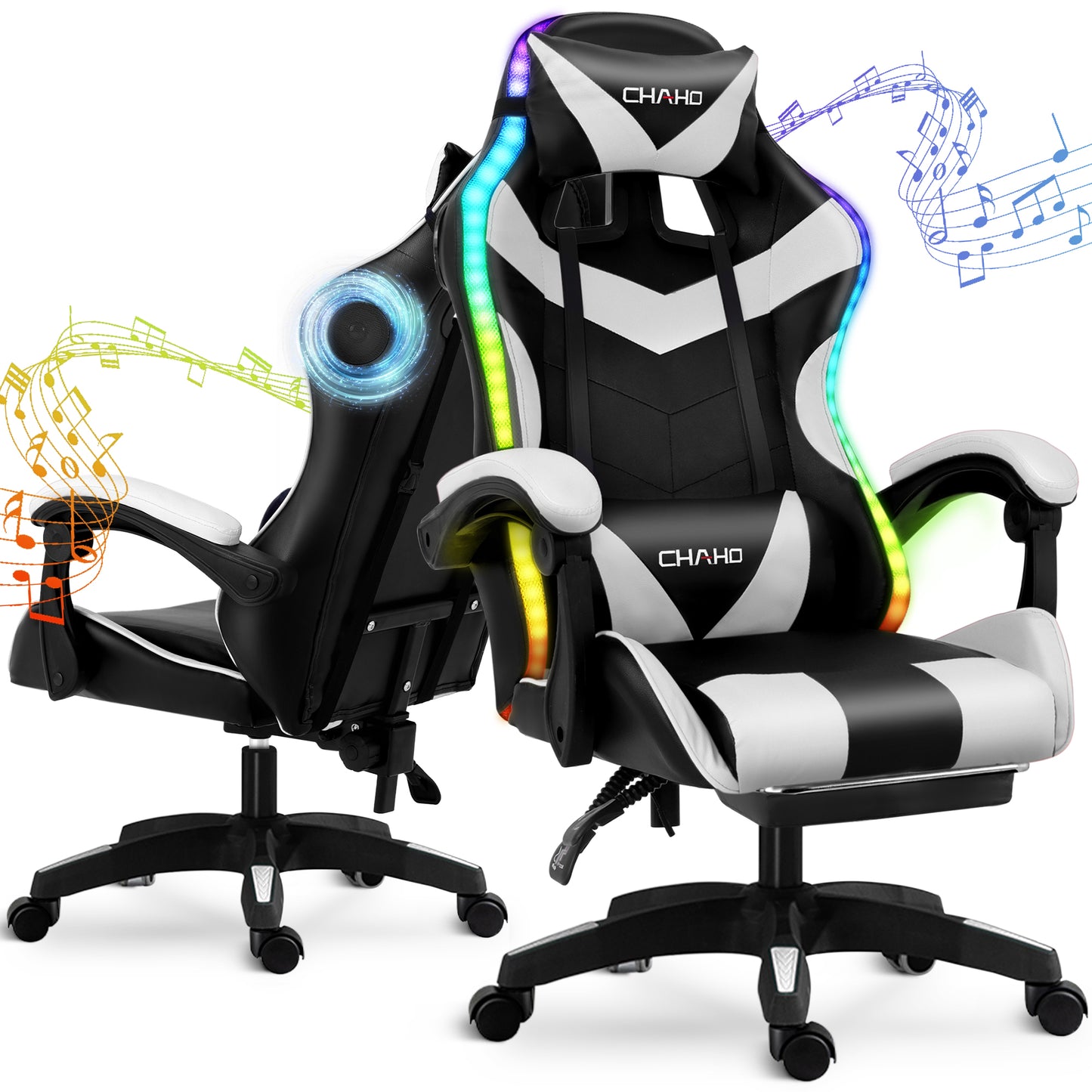 Gaming Chair, Bluetooth Speakers Video Game Chair Footrest Massage Computer Chair with LED Lights Lumbar Support 360°-Swivel Seat for Office or Gaming