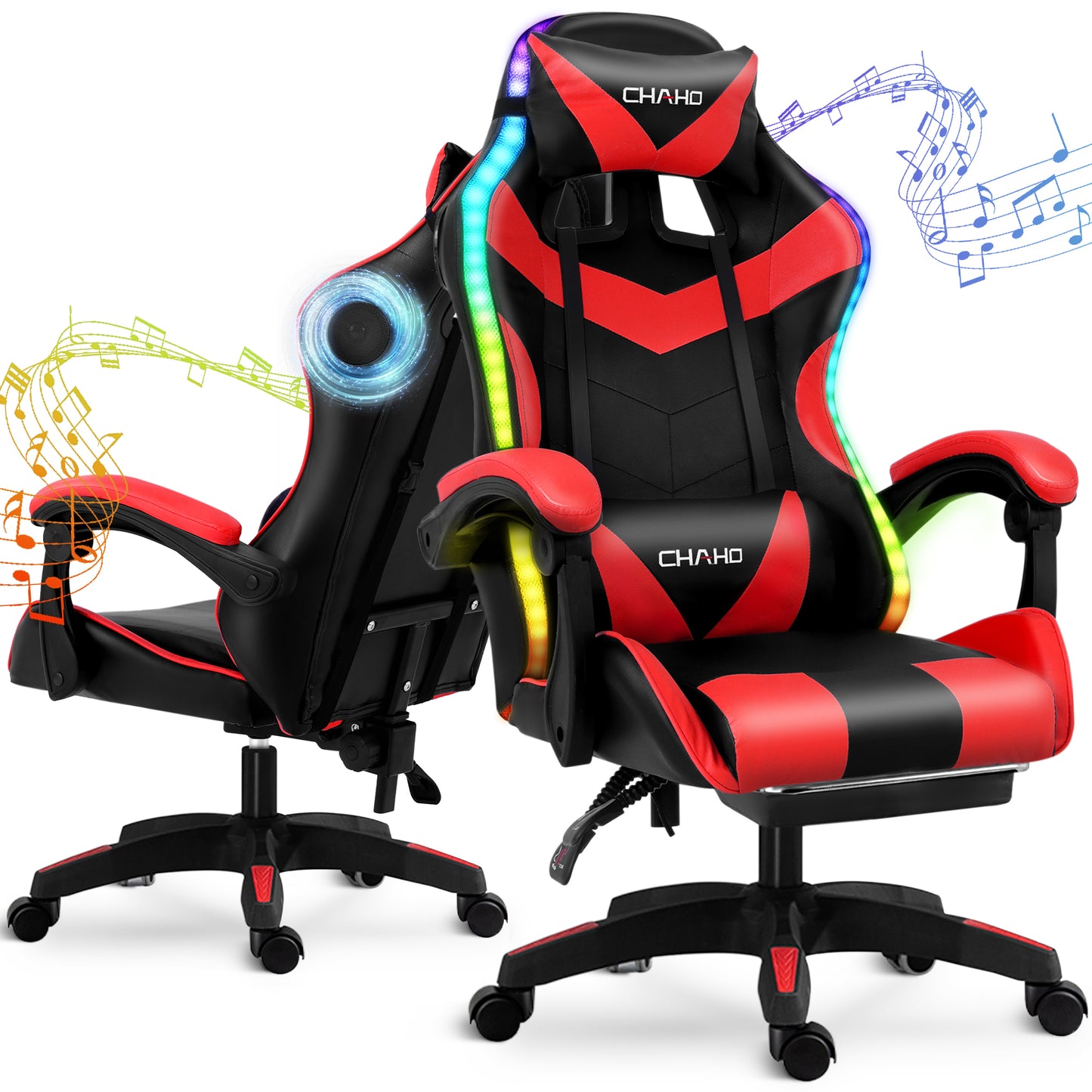 Gaming Chair, Bluetooth Speakers Video Game Chair Footrest Massage Computer Chair with LED Lights Lumbar Support 360°-Swivel Seat for Office or Gaming