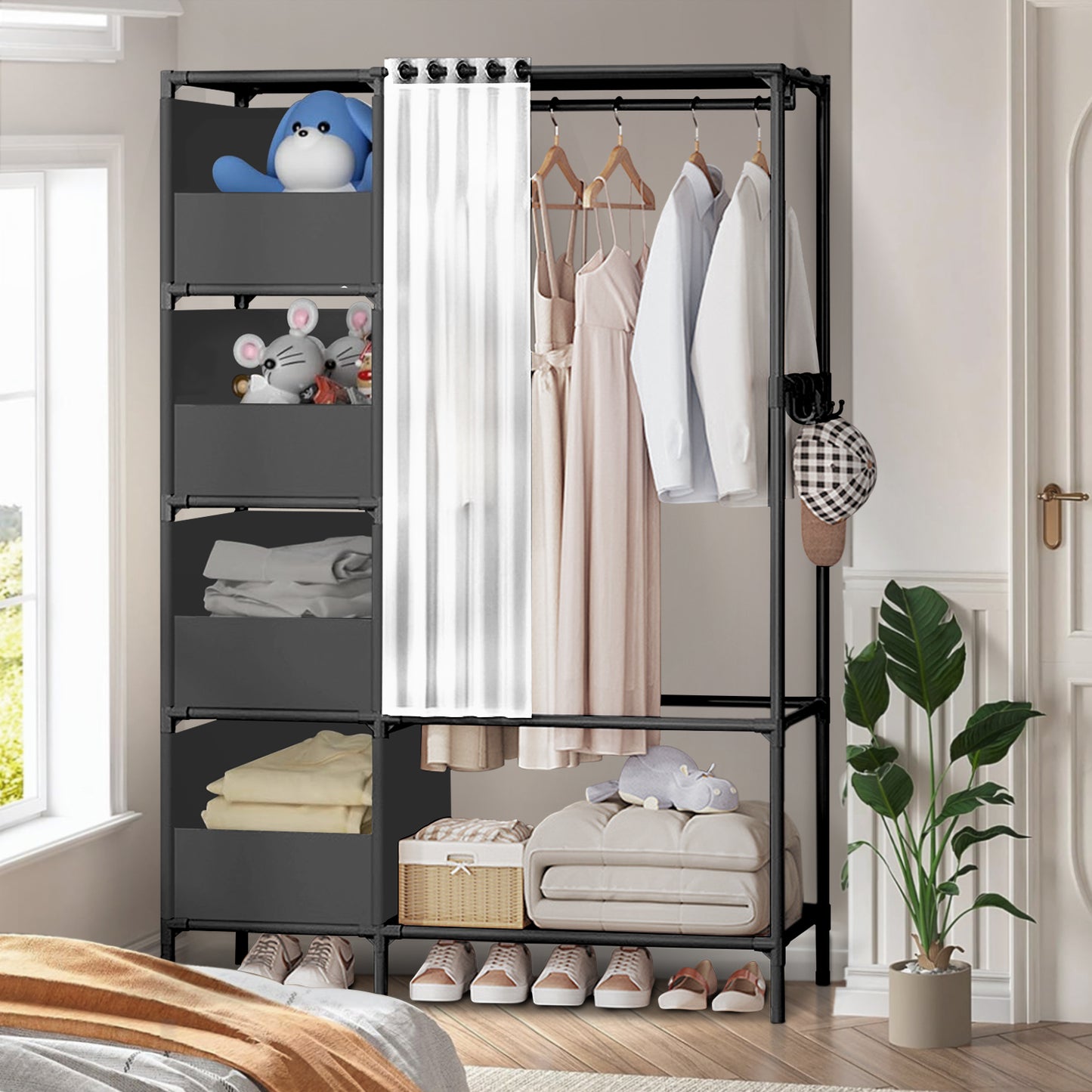 Portable Closet, Brochao Portable Wardrobe with 4 Storage Closet, Clothes Storage Cabinet with Curtain, for Living Room, Bedroom, Clothes Room