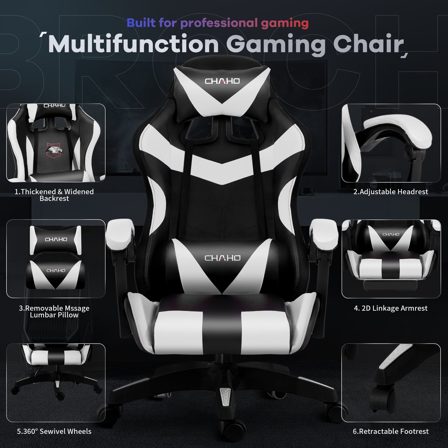 Gaming Chair, Bluetooth Speakers Video Game Chair Footrest Massage Computer Chair with LED Lights Lumbar Support 360°-Swivel Seat for Office or Gaming