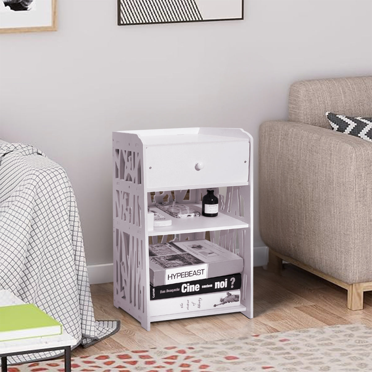 ZPL Modern White Nightstand with Drawer, 11.8”L x 11.8”W x 20”H, Multipurpose Storage