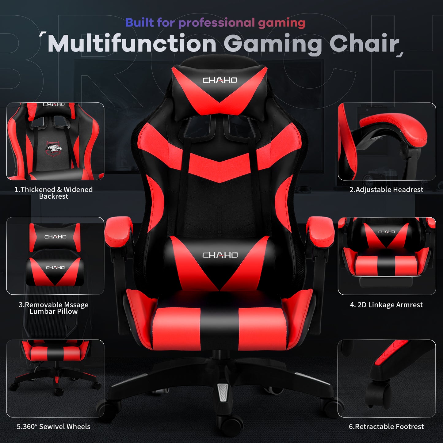 Gaming Chair, Bluetooth Speakers Video Game Chair Footrest Massage Computer Chair with LED Lights Lumbar Support 360°-Swivel Seat for Office or Gaming