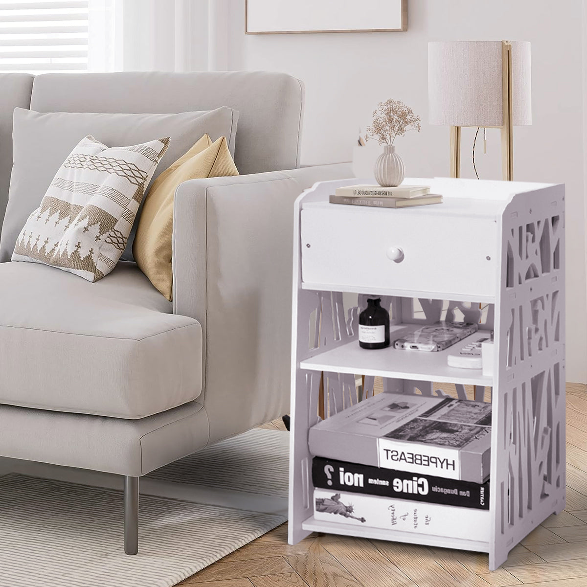 ZPL Modern White Nightstand with Drawer, 11.8”L x 11.8”W x 20”H, Multipurpose Storage