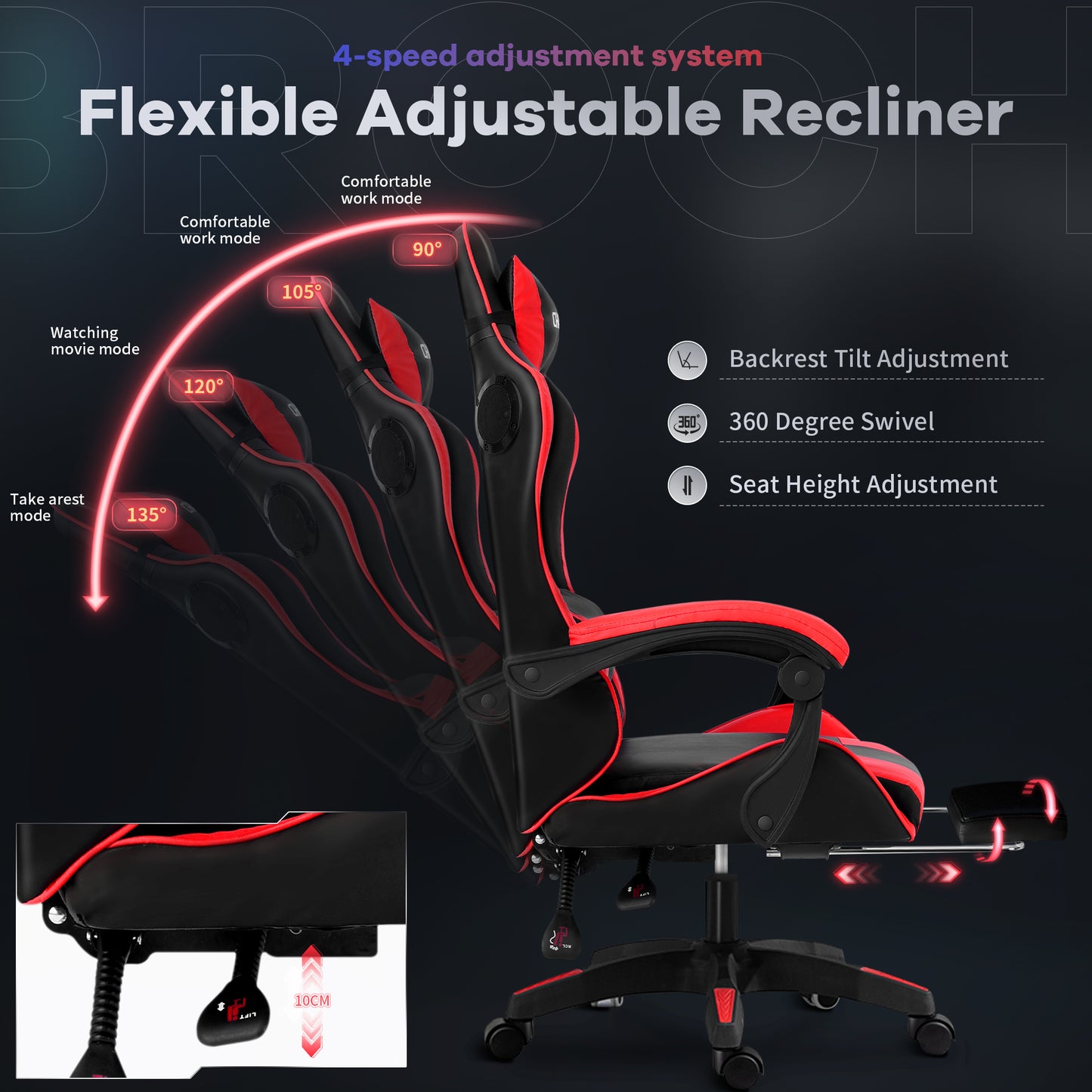 Gaming Chair, Bluetooth Speakers Video Game Chair Footrest Massage Computer Chair with LED Lights Lumbar Support 360°-Swivel Seat for Office or Gaming