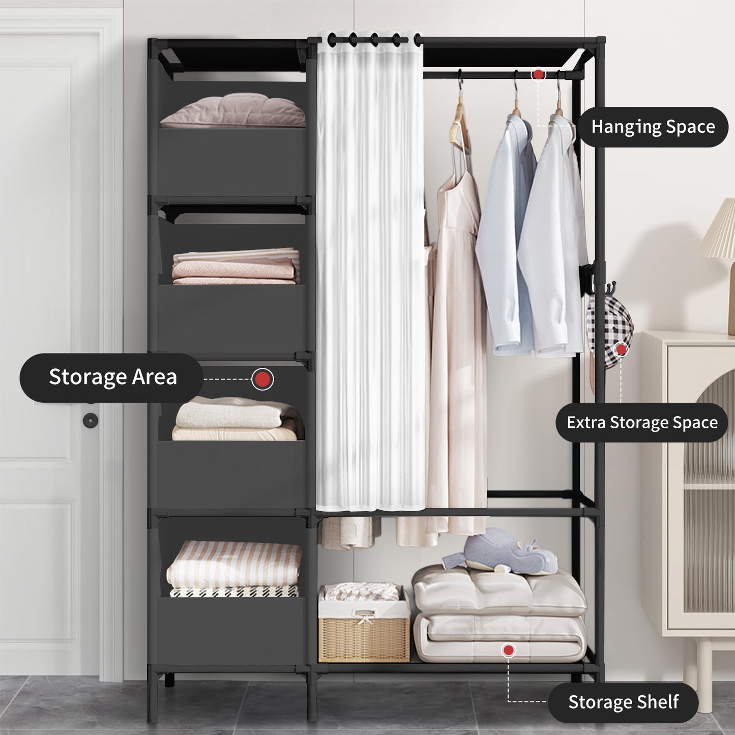 Portable Closet, Brochao Portable Wardrobe with 4 Storage Closet, Clothes Storage Cabinet with Curtain, for Living Room, Bedroom, Clothes Room