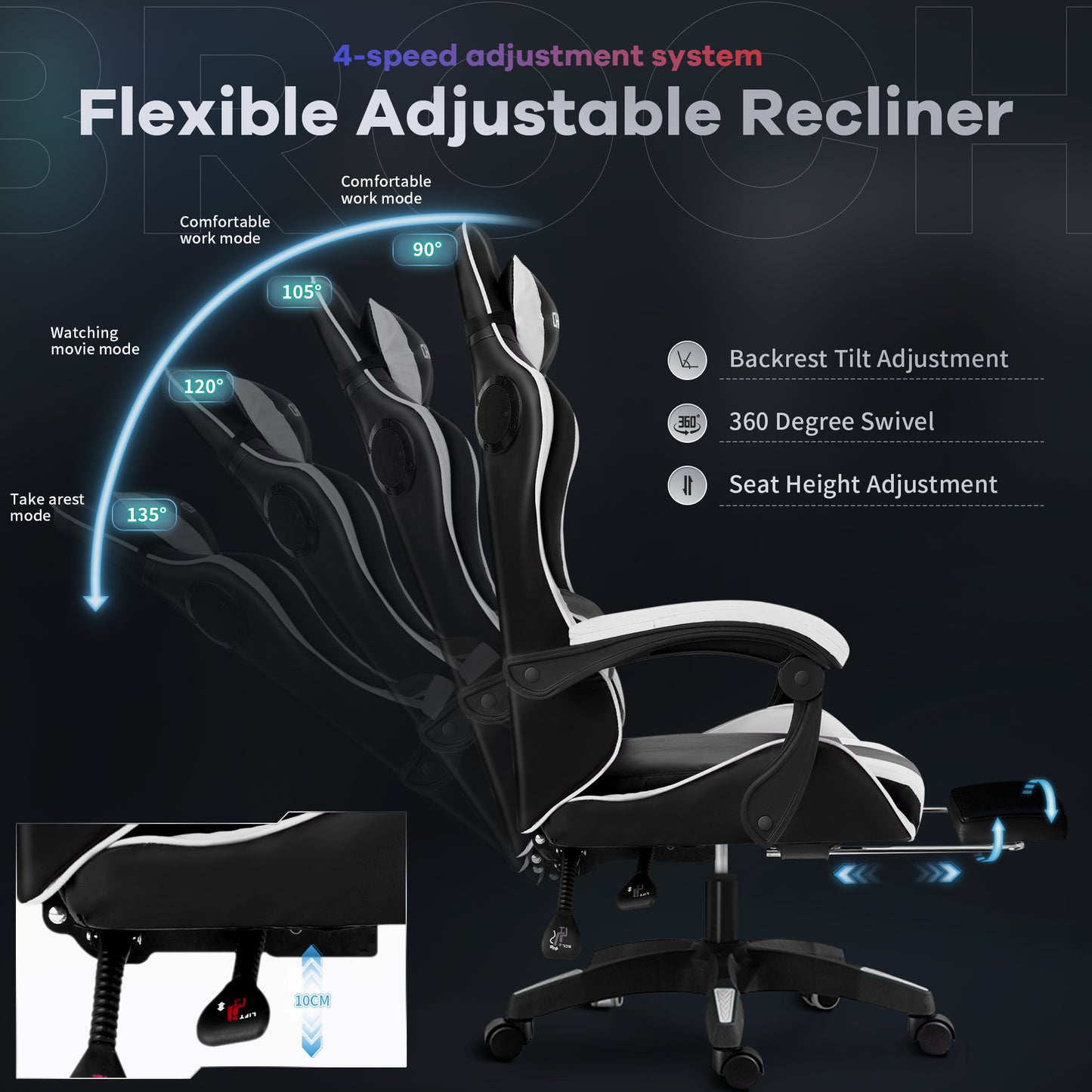 Gaming Chair, Bluetooth Speakers Video Game Chair Footrest Massage Computer Chair with LED Lights Lumbar Support 360°-Swivel Seat for Office or Gaming