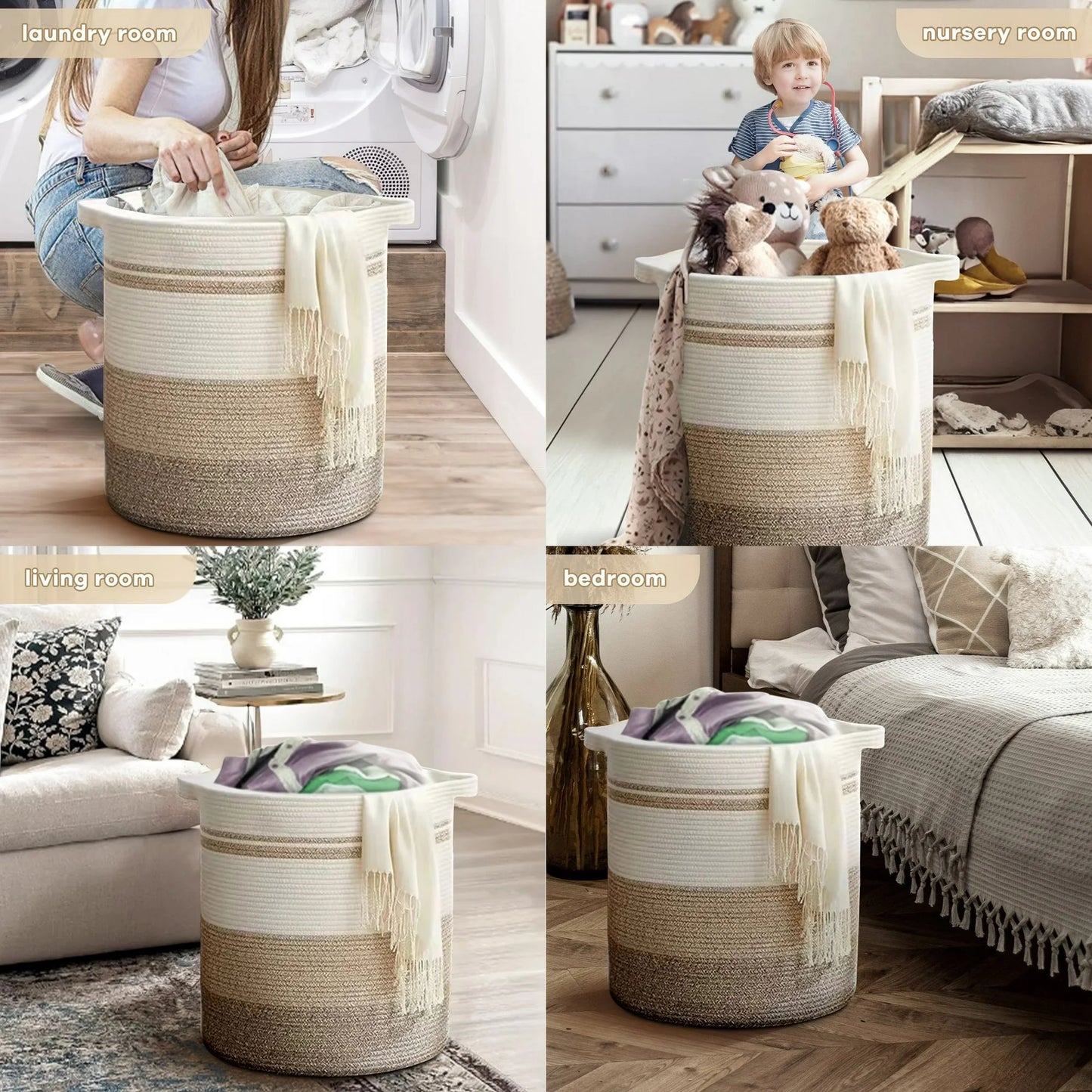 65L Large Cotton Laundry Hamper,17.7''x19.6'' Storage Basket for Bedroom,Living Room,Brown