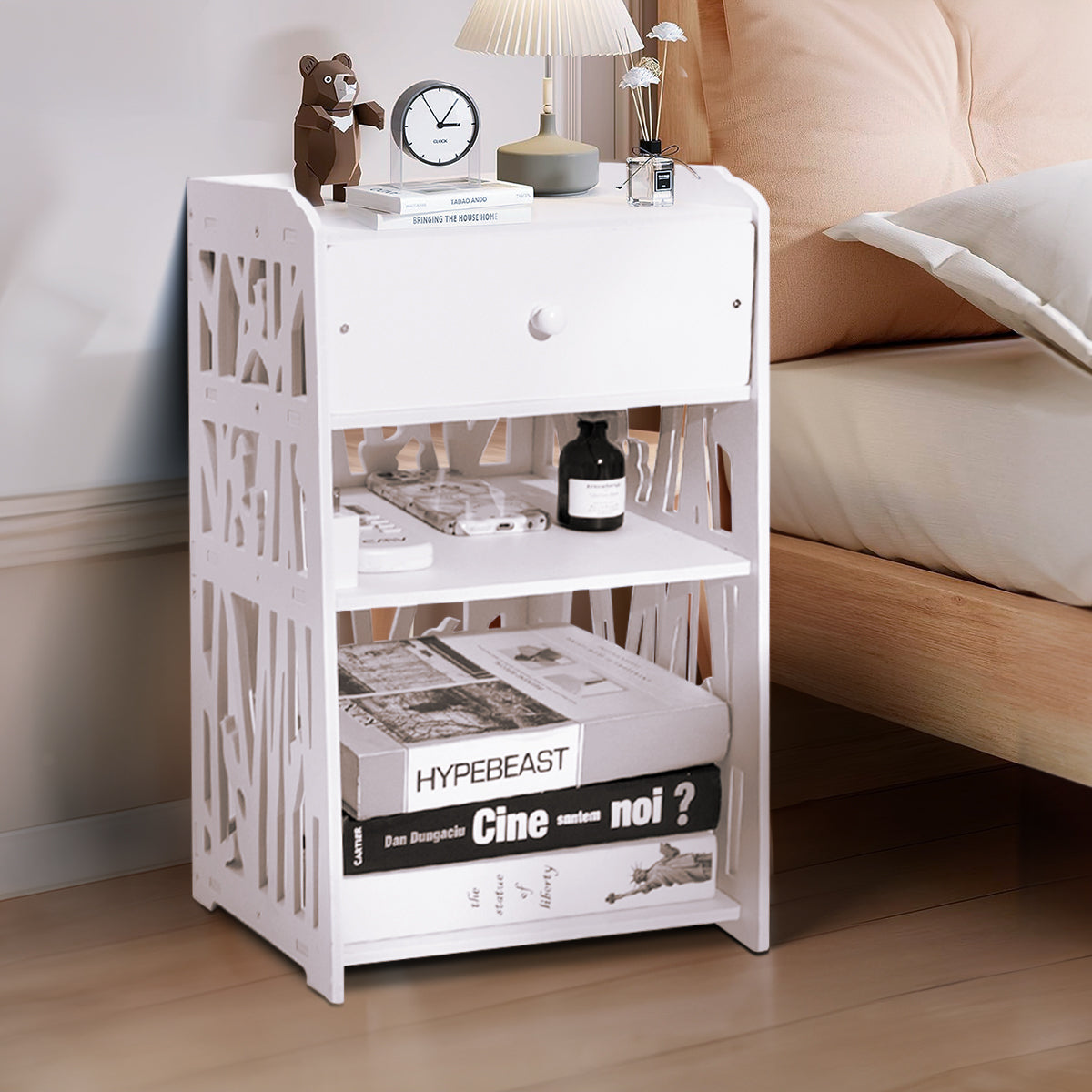 ZPL Modern White Nightstand with Drawer, 11.8”L x 11.8”W x 20”H, Multipurpose Storage