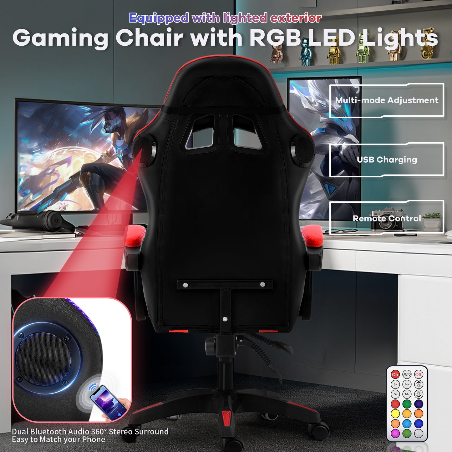 Gaming Chair, Bluetooth Speakers Video Game Chair Footrest Massage Computer Chair with LED Lights Lumbar Support 360°-Swivel Seat for Office or Gaming