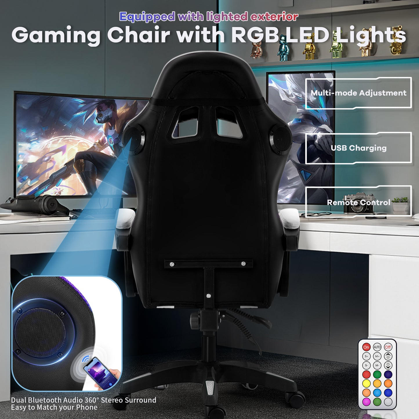 Gaming Chair, Bluetooth Speakers Video Game Chair Footrest Massage Computer Chair with LED Lights Lumbar Support 360°-Swivel Seat for Office or Gaming