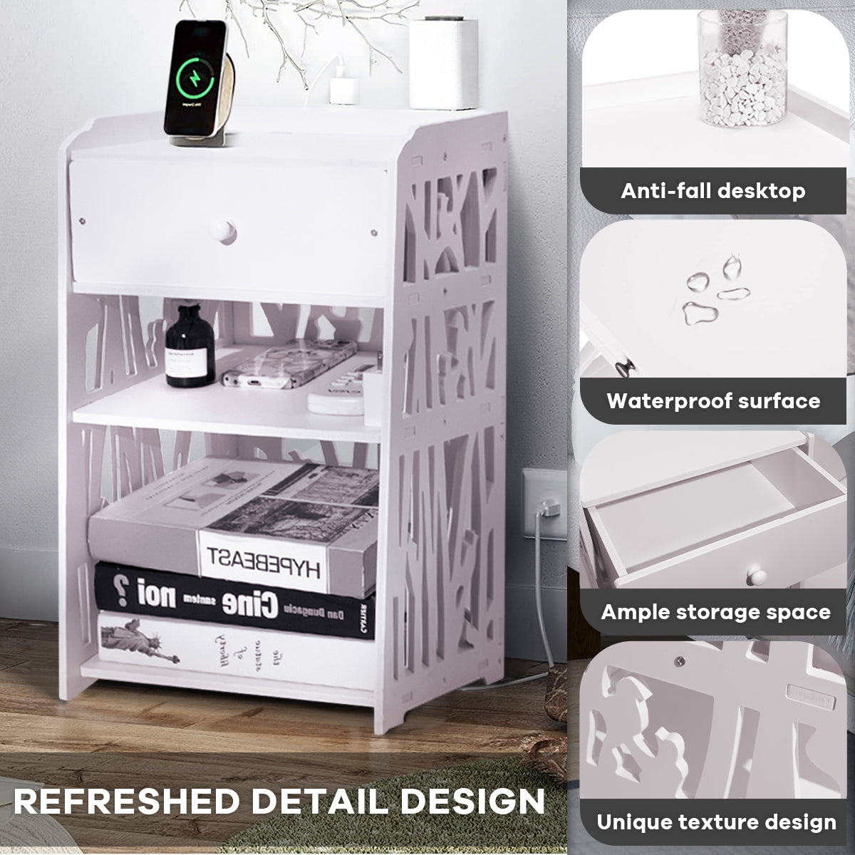 ZPL Modern White Nightstand with Drawer, 11.8”L x 11.8”W x 20”H, Multipurpose Storage