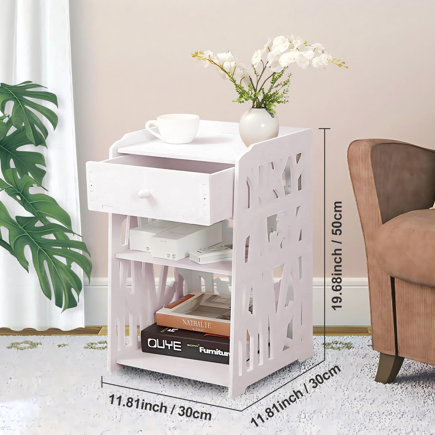 ZPL Modern White Nightstand with Drawer, 11.8”L x 11.8”W x 20”H, Multipurpose Storage