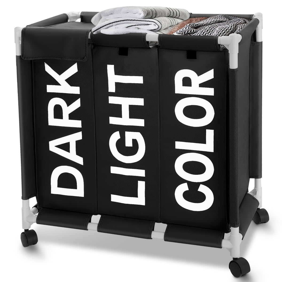 Laundry Hamper,Laundry Basket with Wheels and Lids,Brochao 150L 3 Section Laundry Sorter Cart,Laundry Bag for Clothes Toys Storage,Black