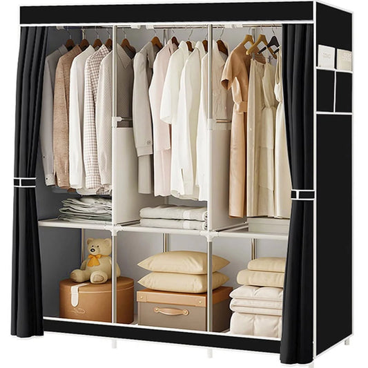 Portable Closet,Portable Wardrobe Closet Storage with 3 Hanging Rods,6 Storage Shelves,Side Pocket for Clothes Storage Organizer