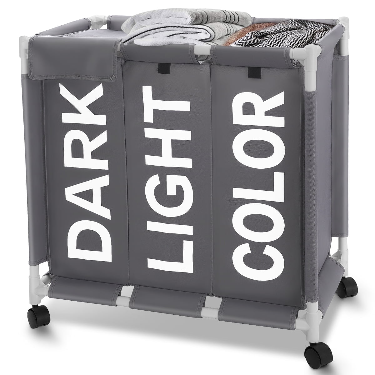 Laundry Hamper,Laundry Basket with Wheels and Lids,Brochao 150L 3 Section Laundry Sorter Cart,Laundry Bag for Clothes Toys Storage,Gray