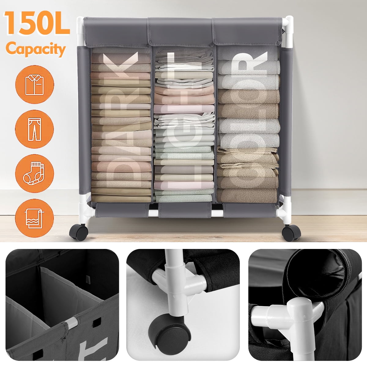Laundry Hamper,Laundry Basket with Wheels and Lids,Brochao 150L 3 Section Laundry Sorter Cart,Laundry Bag for Clothes Toys Storage,Gray
