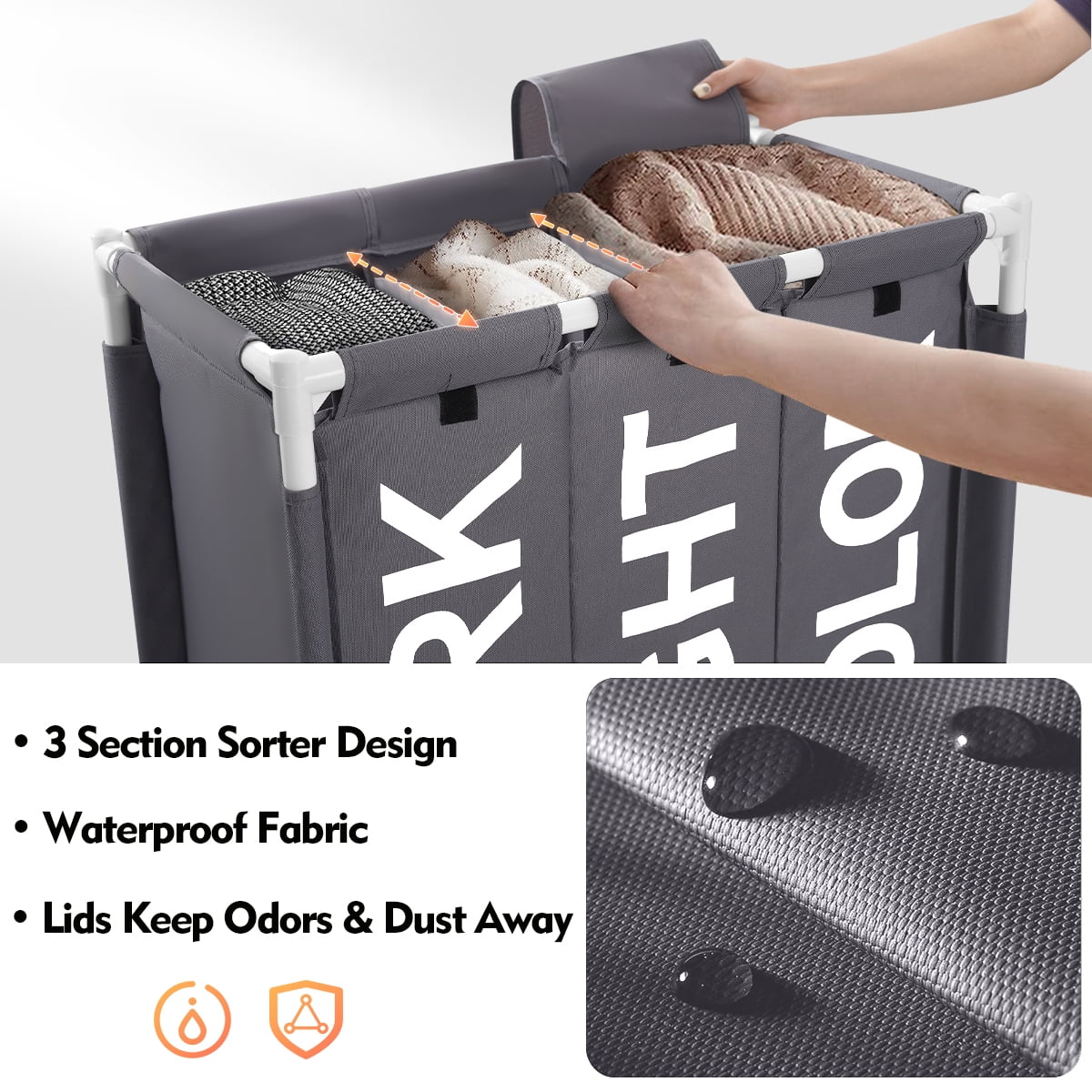 Laundry Hamper,Laundry Basket with Wheels and Lids,Brochao 150L 3 Section Laundry Sorter Cart,Laundry Bag for Clothes Toys Storage,Gray