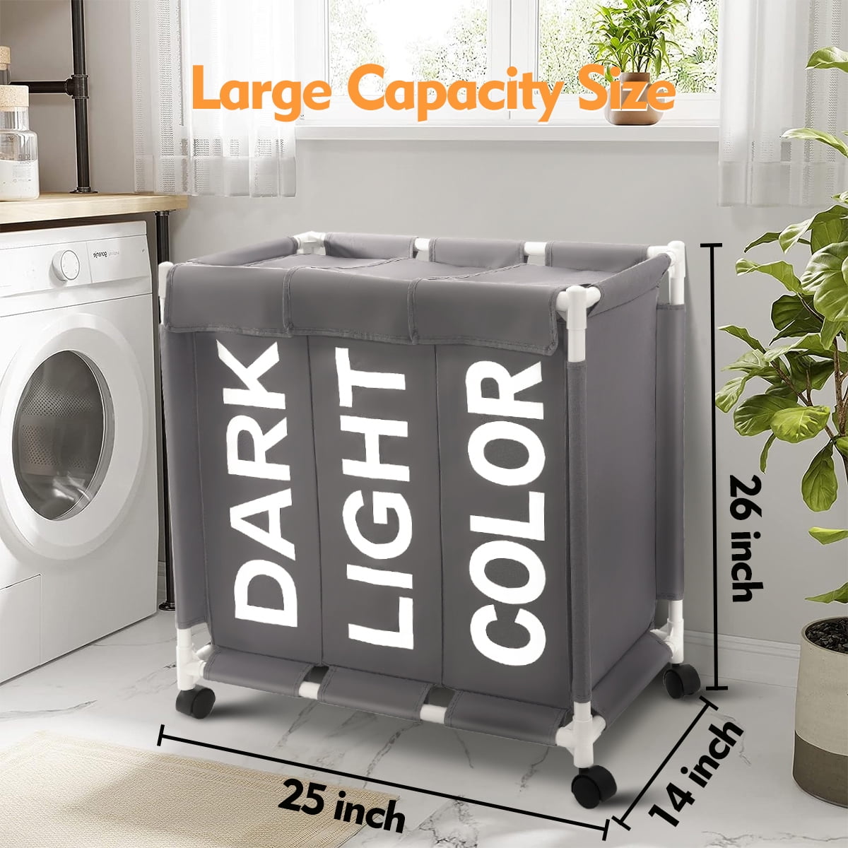 Laundry Hamper,Laundry Basket with Wheels and Lids,Brochao 150L 3 Section Laundry Sorter Cart,Laundry Bag for Clothes Toys Storage,Gray