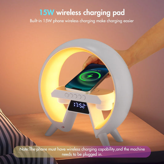 Brochao Digital Alarm Clock with Wireless Charging, Bluetooth Speaker & Dimmable Night Light, 4 in 1 LED Table Lamp Desk Lamp for Bedroom Living Room Office